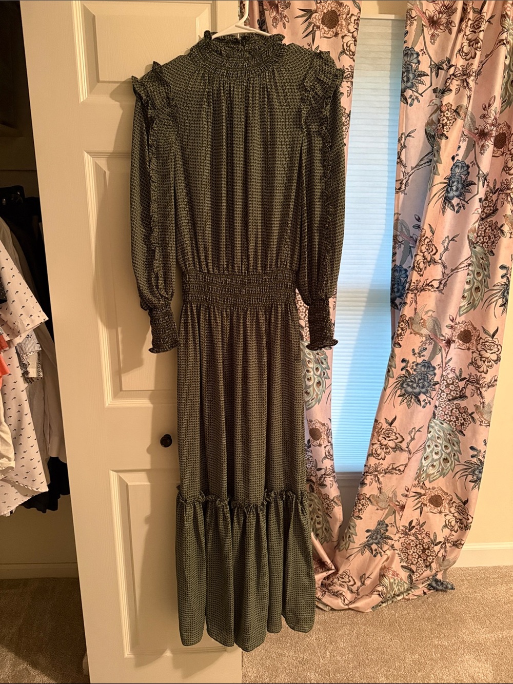 Max Studio Olive Green Long Sleeve Smocked Maxi Dress